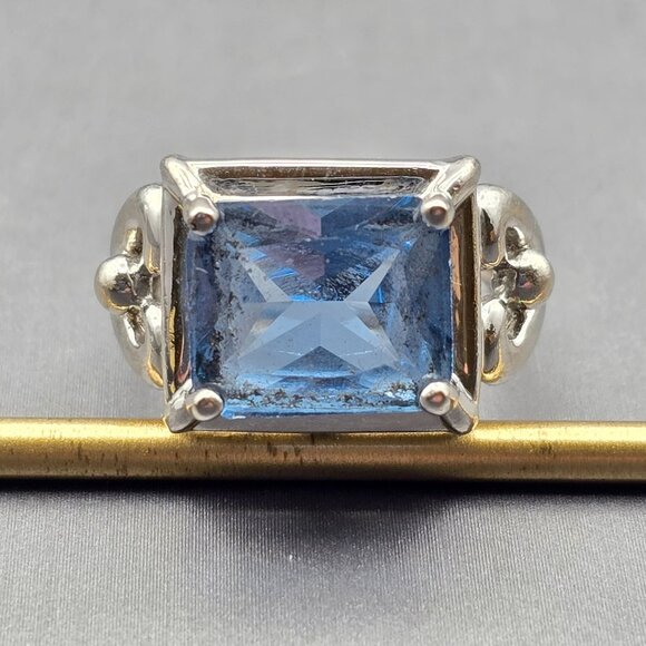 Sterling Silver Blue Sapphire Cathedral Ring Size 6 Scrolled Heart 7.43g Signed - Picture 1 of 13